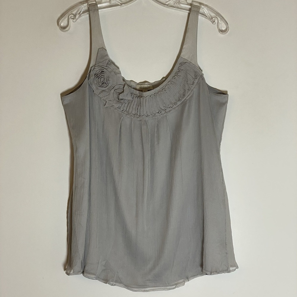Madison Tank Womens Large Gray Silk Floral Ruffled Sheer Lined Cottagecore Fun L